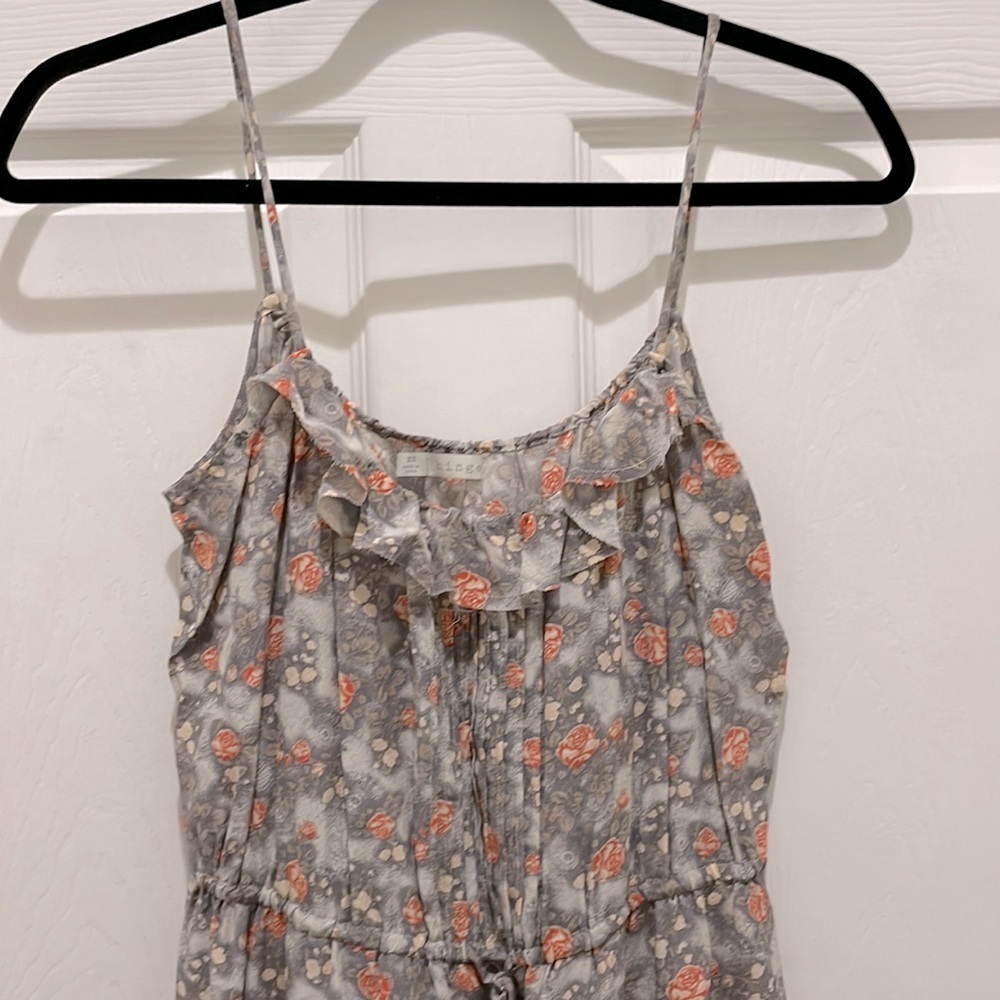 Hinge Gray Floral with Orange Flowers Spaghetti Strap Gathered Waist Silk Dress - Picture 3 of 9